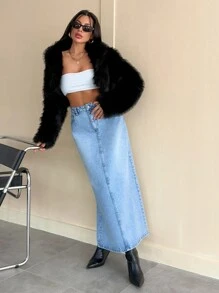 EURMUSE LOW RISE LIGHT BLUE DENIM SKIRT WITH SLIT - Light Wash - View 3