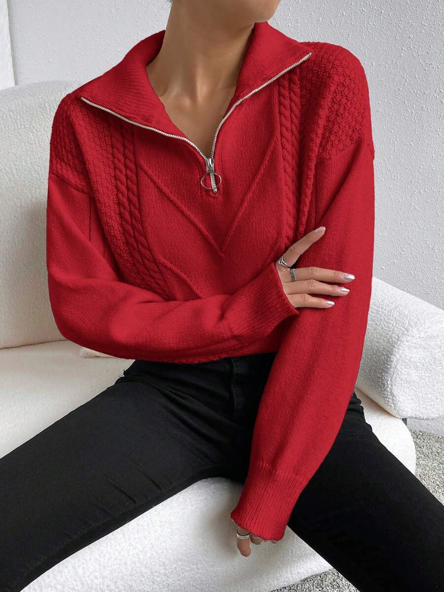 SHEIN EZwear Casual Solid Color Drop Shoulder Loose Knit Red Sweater, Autumn/Winter