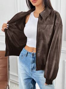 SHEIN EZwear Women's Fashionable New Distressed Leather Jacket, Autumn