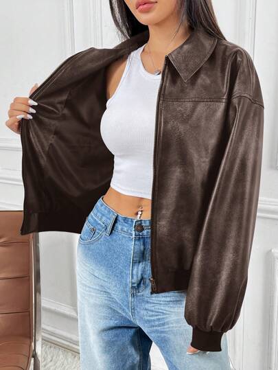 SHEIN EZwear Giacca di pelle sfrangiata e alla moda, nuovo modello autunnale per donna