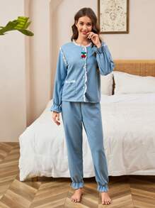 SHEIN Bộ đồ mặc ở nhà 2 món áo len cardigan và quần dài thoải mái, thanh lịch, màu xanh lam dành cho nữ - Màu xanh lam - Xem 4