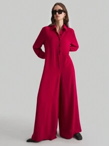 Ontre 女士2025新年红色夸张阔腿衬衫领连体裤，春季 - 酒紅色 - 查看 5