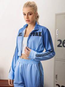 SHEIN Sports جاكيت رياضية قصيرة كم طويل سحاب أمامي منقوشة بحروف مبسطة للنساء - أزرق غامق - مشاهدة 6