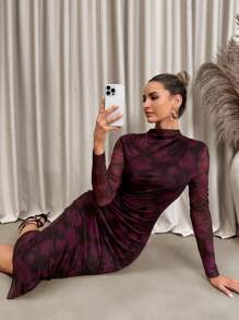 Lavishia 女士时尚抽象印花紧身连衣裙春装情人节连衣裙 - 紫色 - 查看 6