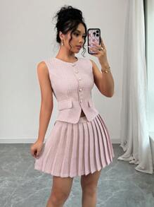 Elenzga Elegant Plaid Front Button Vest And Pleated Skirt 2 Pieces Set - Multicolor - View 1