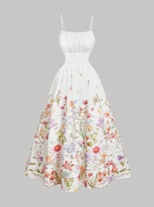 SHEIN MOD Váy lãng mạn in hoa mùa hè cỡ lớn có viền nhún - Nhiều màu - Xem 1