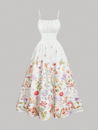 SHEIN MOD Plus Size Summer Floral Print Ruched Hem Romantic Dress,Beach Dress Sundress,Holiday Outfits Boho