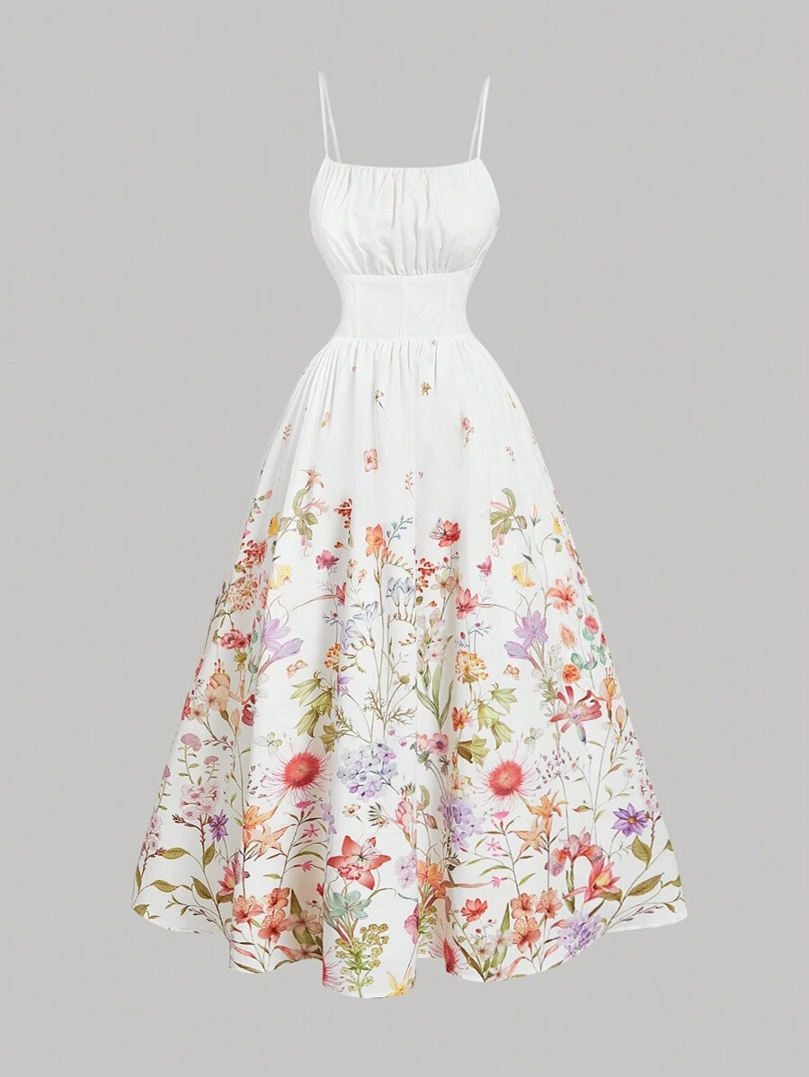 SHEIN MOD Váy lãng mạn in hoa mùa hè cỡ lớn có viền nhún - Nhiều màu - Xem 1