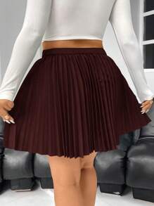 SHEIN Privé Plus Size Solid Color A-Line Pleated Mini Skirt, Casual For Everyday Wear - Burgundy - View 2