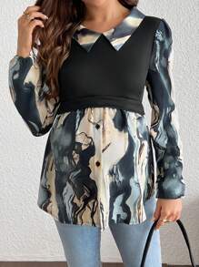 SHEIN Maternity Color Block Front Button Closure Casual Nursing Long Sleeve 2 In 1 Top - Multicolor - View 3