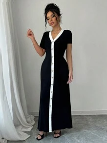 Selianne Váy ngắn tay hai tông màu cài nút phía trước dành cho nữ - Đen và trắng - Xem 6