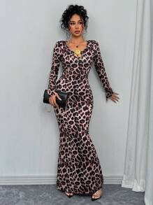 Chiquease Vestido largo de estampado de leopardo con decoración metálica en color oro rosa y escote sexy de estilo ajustado, nuevo modelo 2024 (estampado aleatorio)