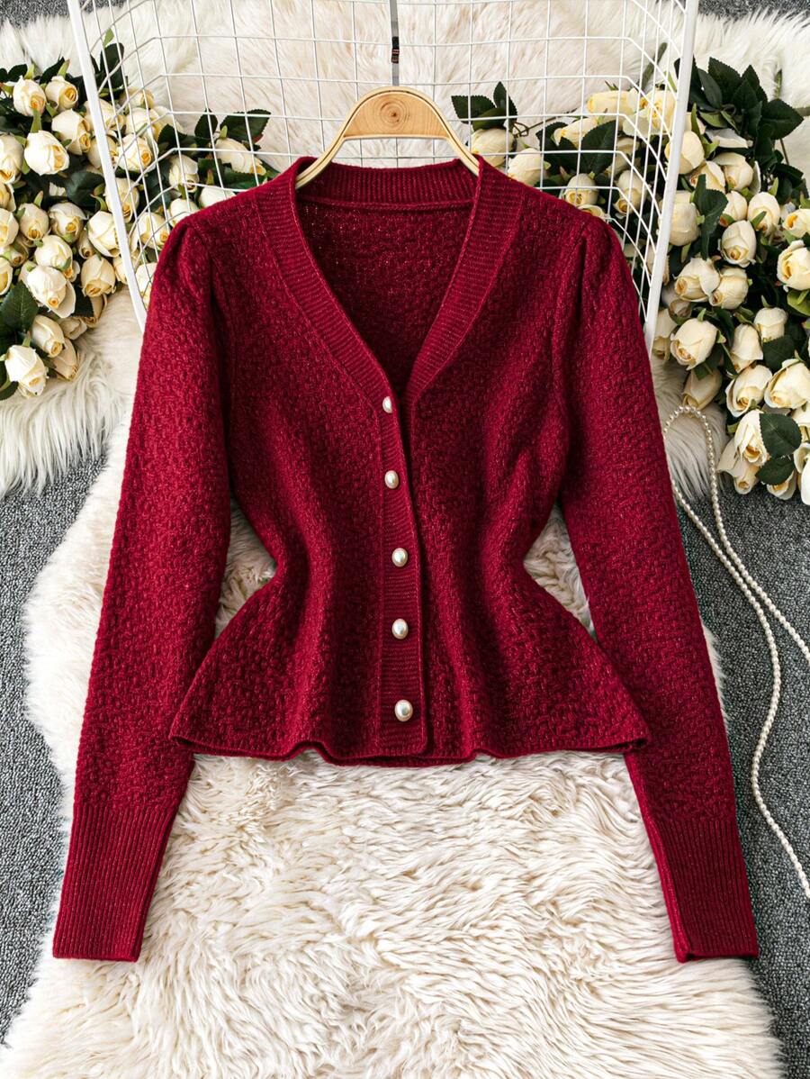 Chiquease Cárdigan casual minimalista rojo angular para mujer de otoño/invierno - Color caoba - Ver 1