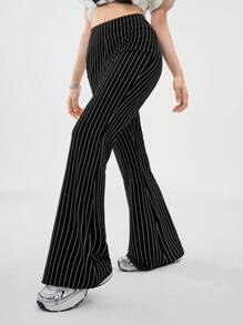 SHEIN Teen Girls Spring/Summer Streetwear/ Basic Knit Striped Black Flare Pants,Parent-Child Clothing,New Years - Black - View 3