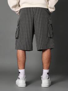 SUMWON Relaxed Fit Plaid Cargo Shorts With Multiple Pockets Elastic Drawstring Waist Casual Summer Streetwear Bermuda Walking Shorts - Black - View 6