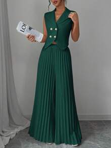 Selianne 优雅女士商务套装，简约时尚休闲日常上衣和裙子 - 墨綠色 - 查看 4