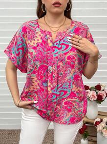 SHEIN LUNE Plus Size Women Notch V-Neck Short Sleeve Printed Casual Blouse Valentine Summer Outfits For Women Summer Spring Clothes Spring Outfits For Women Summer Boho Old Money