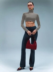 SHEIN Unity Top básico corto de cuello alto de unicolor, sexy - Gris Oscuro - Ver 3