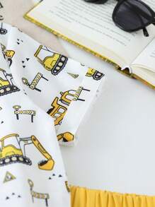 SHEIN 2pcs/Set Toddler Boy Cute Excavator Cartoon Car & Traffic Vehicle Pattern Short Sleeve Shirt With Yellow Shorts