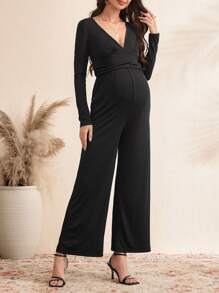 SHEIN Combinaison ample de maternité à col en V, manches longues, portée casual au quotidien - Noir - Voir 3
