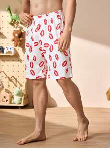 Happy Jammies Pantalones cortos de estampado de labios para hombre, ropa de estar en casa