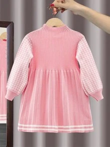 Young Girl Casual Simplistic Comfortable Ruffled Collar Houndstooth Pattern Sleeve Knitted Sweater Dress - Pink - View 2