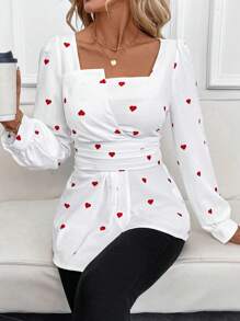 SHEIN Clasi 白色底心形图案束腰女式衬衫，情人节 - 紅白色 - 查看 7