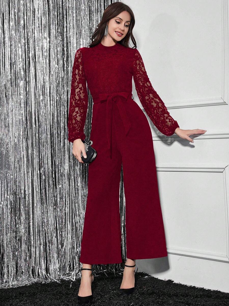 SHEIN Clasi Women's Solid Color Lace Patchwork Long Sleeve Tie Front Casual Red Jumpsuit - Burgundy - View 1