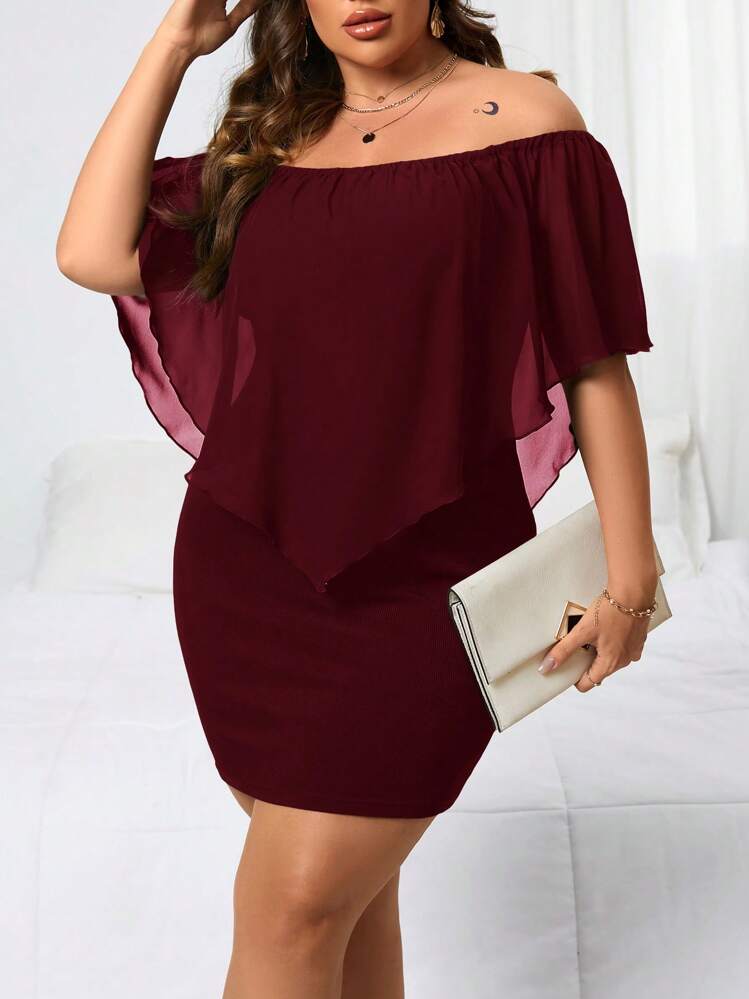 Reflora Vestido ajustado de hombros descubiertos de unicolor elegante talla grande - Burdeos - Añade 1