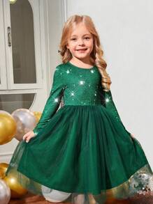 SHEIN Váy lưới xếp li in sequin thanh lịch cho bé gái và bé gái mới biết đi, phù hợp để mặc hàng ngày và dự tiệc - màu xanh lá - Xem 1