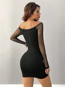 INAWLY 女士性感露肩前镂空黑色网眼拼接长袖紧身迷你连衣裙 - 黑色 - 查看 2