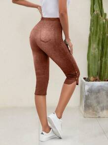 EMERY ROSE Denim Effect Printed Elastic Waist Button Detail Slit Hem Capri Leggings Summer - Redwood - View 2