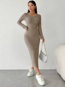 SHEIN PETITE Robe moulante à manches longues pour l'automne, col rond côtelé, couleur unie pour femme
