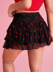 SHEIN EZwear Women's Plus Size,Valentine's Day,Flocked Heart Print Mesh Tiered Mini Skirt,Spring Summer Clothes - Black - View 2