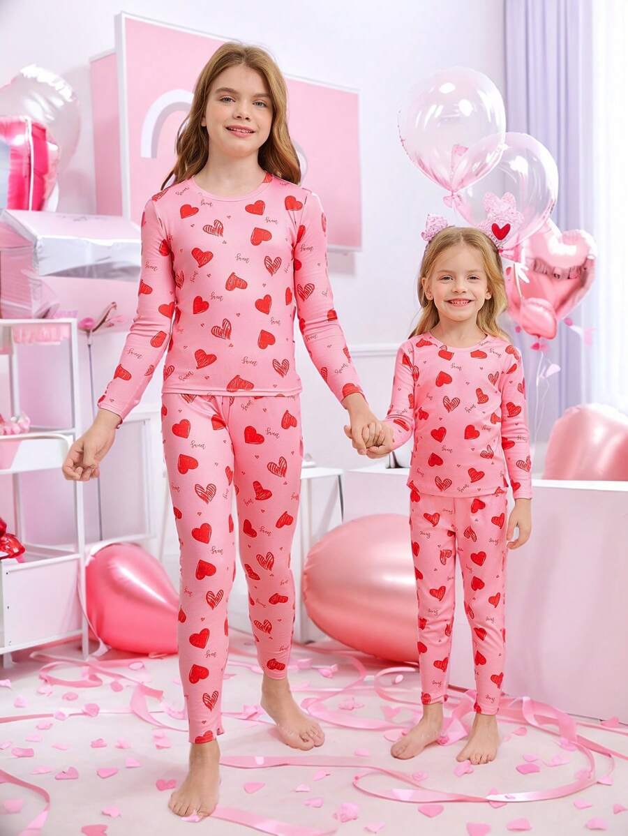 SHEIN Tween Girl Valentine's Day Pink Cute Minimalist Heart Pattern Round Neck Raglan Sleeve Soft Comfortable Skin-Friendly Casual Loungewear Jumpsuit Two-Piece Set, Sibling Outfits (2 Sets Sold Separately)