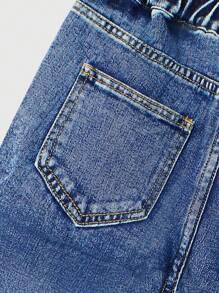 Older Boys Street Style Casual Basic Four-Season Utility Pants With Elastic Waist, Distressed Washed Comfortable Denim Jeans, Essential Item For 2025 - Medium Wash - View 4