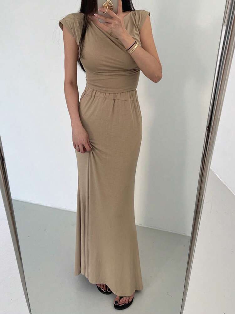 2pcs Women Plain Color Bodycon Skirt Set, Khaki, Spring/Summer