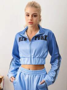 SHEIN Sports جاكيت رياضية قصيرة كم طويل سحاب أمامي منقوشة بحروف مبسطة للنساء - أزرق غامق - مشاهدة 1