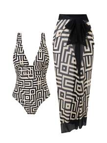 Swim Oasis Summer Elegant Simple Print Ruched Waist One-Piece Maxi Skirt For Women - Multicolor - View 2