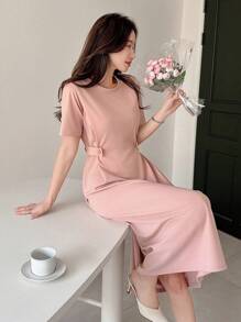 DAZY Solid Color Round Neck Loose T-Shirt Dress For Women, Mid-Length Sundress - Pink - View 1
