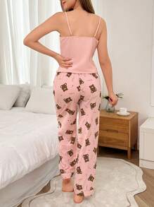 Dream Adore 2pcs Solid Color Cami & Cute Bear Print Pants Bubble Chiffon Pajamas Set - Pink - View 2