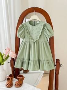 SHEIN LMoss Kids LMoss 女婴夏季可爱度假绿色荷叶边短袖连衣裙 - 綠色 - 查看 4