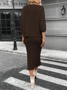 SHEIN LUNE 女式蝙蝠袖圆领 T 恤和纹理中长紧身裙 2 件套，秋冬季休闲通勤优雅装