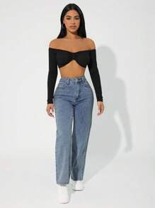 SHEIN PETITE 女士前扣口袋简约设计牛仔长裤，休闲日常穿着 - 藍色 - 查看 3