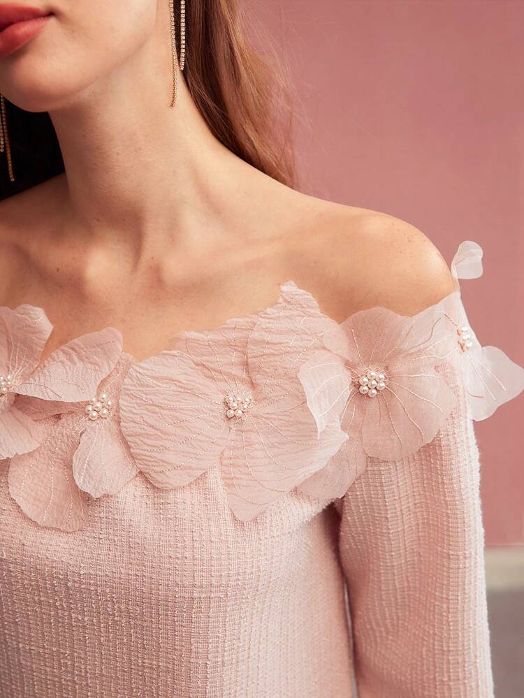 FLORAL APPLIQUED OFF SHOULDER TOP,VALENTINE'S DAY, LONG SLEEVES, KNITTING,SPRING/SUMMER
