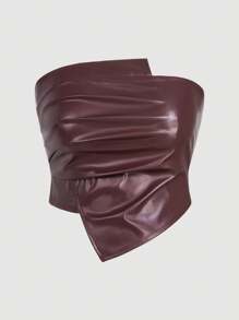 SHEIN Privé Plus Size Women Spring/Summer Elegant PU Asymmetrical Form-Fitting Burgundy Tube Top, Versatile For Daily, Commute, Date, Party