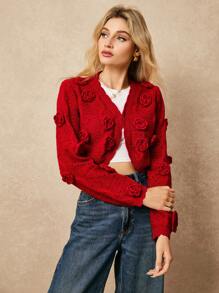 Poéselle 立体花朵钩针开衫 情人节毛衣 情人节毛衣 红色 女上衣 长袖上衣 - 酒紅色 - 查看 2