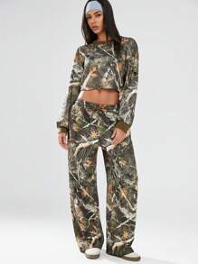 Lunelith SHEIN Lunessa 1 pièce Ensemble femme 2 pièces, sweat-shirt à capuche imprimé branche vert militaire polyvalent et décontracté, et pantalon large