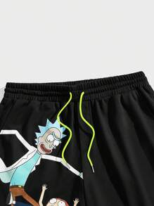 Rick and Morty X SHEIN Plus Size Men Casual Cartoon Print Drawstring Waist Shorts, Summer - Black - View 3