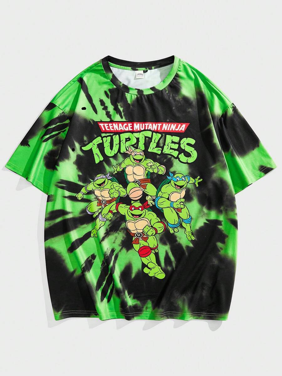 TEENAGE MUTANT NINJA TURTLES | SHEIN Plus Size Men Casual Tie-Dye Cartoon Turtle Print Short Sleeve T-Shirt, Summer - Multicolor - View 1